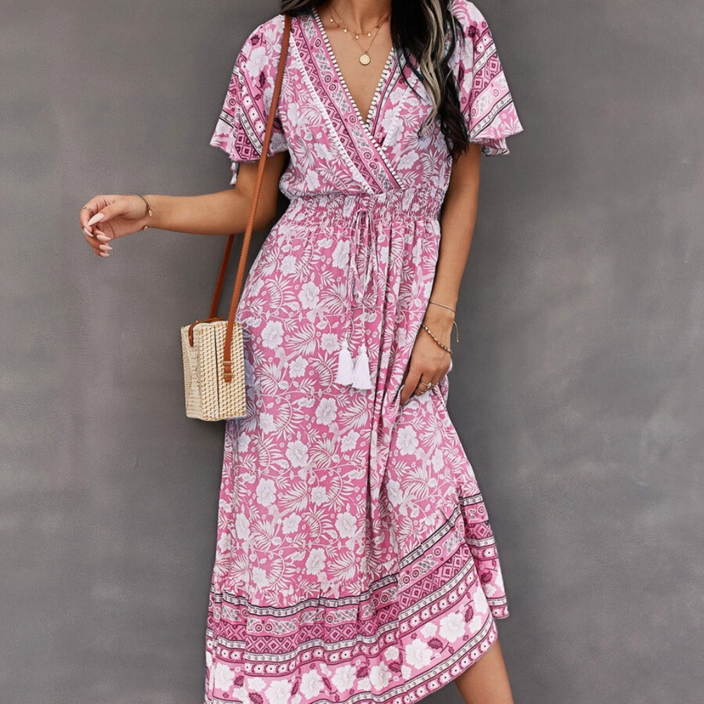 Boho Yellow Floral Print Butterfly Sleeve Midi Dress Cottagecore - Picture 6 of 13